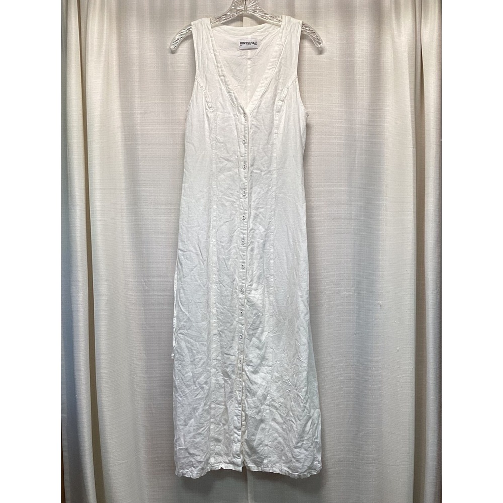 Princess Polly White Linen Blend Button Down V-Neck Sleeveless Maxi Dress US 6